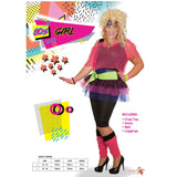 80's neon party girl costume, includes pink mesh crop top, dress, belt in fluro green and leggings.