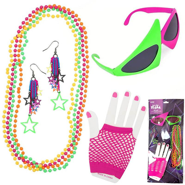 80's Accessory Set includes, green/pink glasses, fishnet gloves, 4 strands colourful beads, colourful star earrings.