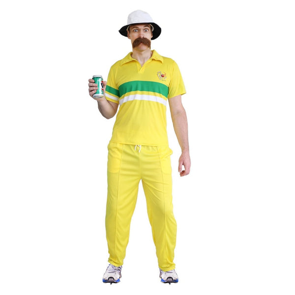 80's Cricketer Adult Costume 52 Not Out, yellow and green shirt and pants with cricket print on chest.