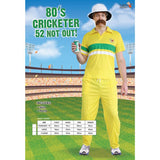 80's Cricketer Adult Costume 52 Not Out, yellow and green shirt and pants with cricket print on chest.