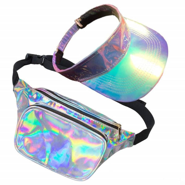 80s Galaxy Bum Bag & Visor Set in metallic silver.