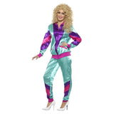 80s heifht of fashion shell suit, satin blue track suit with purple and pink accents.