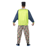 80's Hip Hop Costume, loose fitting jacket, neon green back, navy sleeves, black bodice with print and fluro trim. Print pants oversized and matching cap.