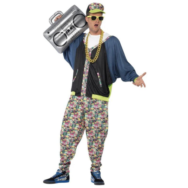 80's Hip Hop Costume, cd print baggy pants, oversize jacket with cd trim, matching cap.