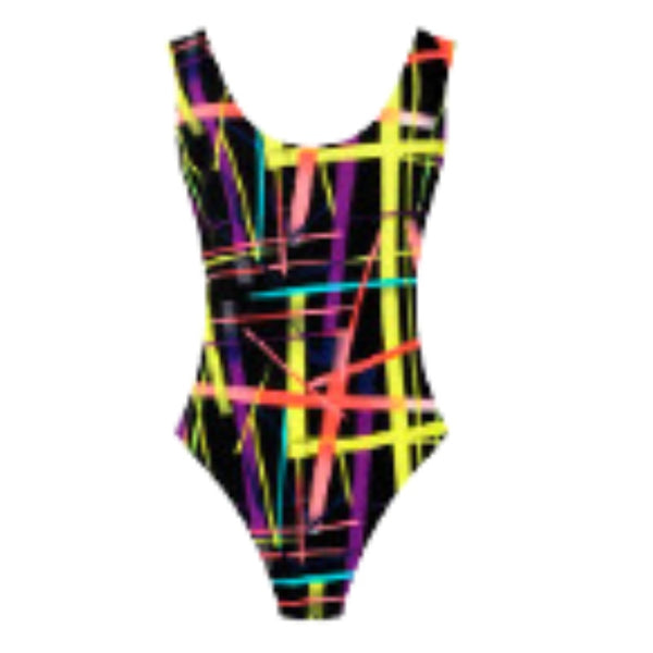 80s Leotard - Neon Stripes, black background with multi-color fluro splashes of colour.
