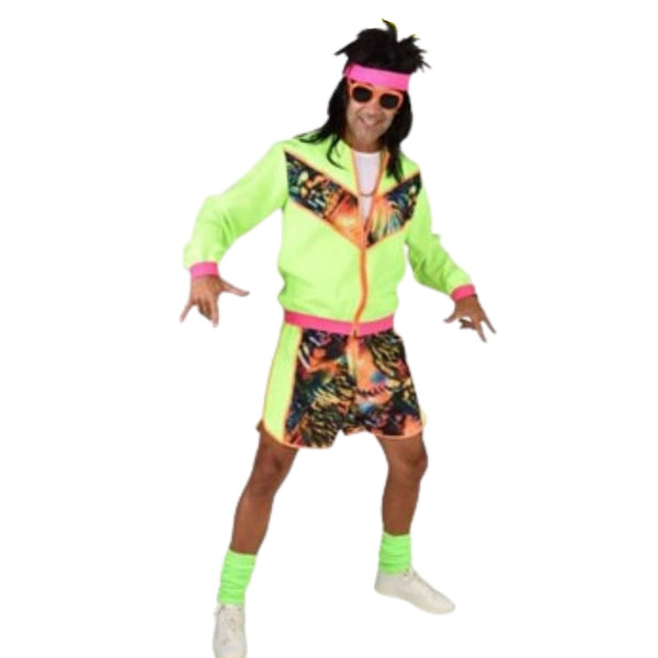 80's Man Tracky Costume, fluro green and colourful print track jacket and matching shorts. unisex.
