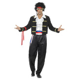 80's New Romantic Costume, jacket with gold ribbon trim, black trousers with ribbon trim waist, mock shirt and headband.