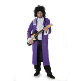 80's Pop Icon Costume, purple long jacket with silver shoulder accent, black pants and white dicky.