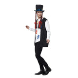 80s Pop Star Adult Costume, white shirt with numbers, long black vest, oversized black top hat and braids with ribbons.