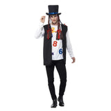 80s Pop Star Adult Costume, white shirt with colourful numbers, black vest, hat with braids.