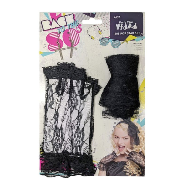 80's Pop Star Kit, black lace fingerless gloves, lace headband and silver cross earrings.
