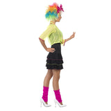 80's Pop Tart Costume, black dress with frills, yellow mesh top trimmed in hot pink and matching pink headband.