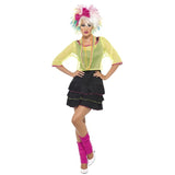 80's Pop Tart Costume, black dress with frills, yellow mesh top, pink headband.