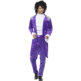 80's Purple Musician Costume inspired by iconic performers, featuring a long purple velveteen jacket with silver trim, matching purple pants with silver sequin stripe down the side, and a white frilly dickey.