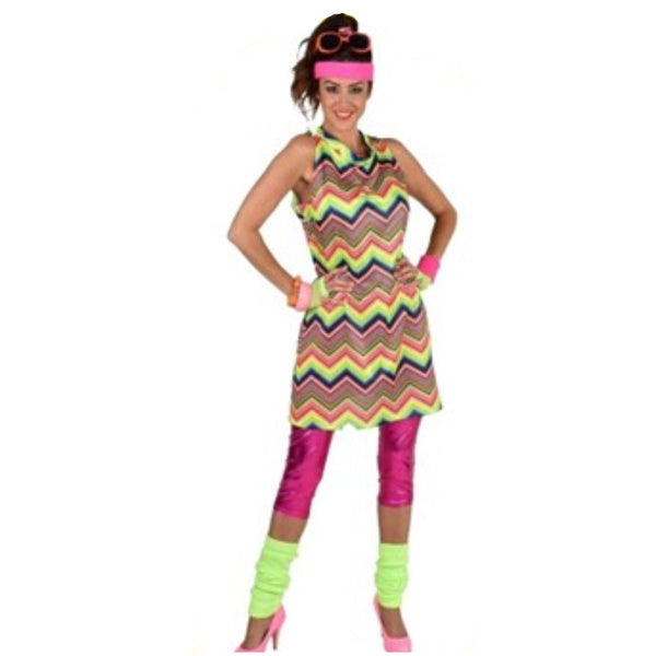 80's Retro Signal Dress, high neckline, sleeveless, short dress in fluro zig zag design. 