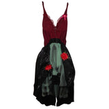 80's Rocker Dress - Hire, dark red bodice with bar cups and lace panel, full black skirt with green tulle petticoat. Hire includes, dress, wig and beads.