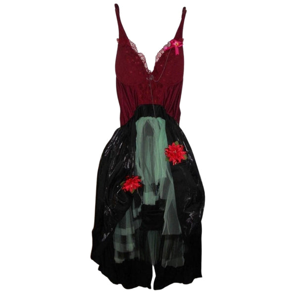 80's Rocker Dress - Hire, dark red bodice with bar cups and lace panel, full black skirt with green tulle petticoat. Hire includes, dress, wig and beads.