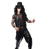 80s Rocker - Hire, mens studded vinyl vest, tattoo long sleeve shirt, mesh top, wig and top hat.