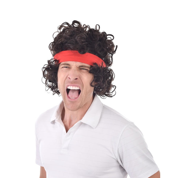 80's Tennis Aggro Wig in dark brown with loose curls and red headband, looks like andrea Aggasi.