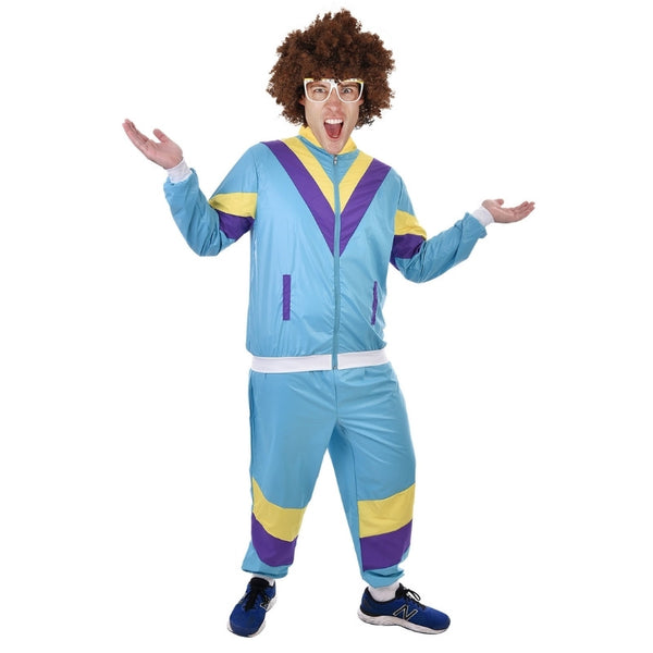 80's Tracksuit and Pants, blue with purple and yellow stripes.
