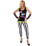 80's Womens Rocker Costume includes black and white stripe leggings, sleeveless long top with "I love the 80s) wwith pink sash.