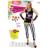 80's Womens Rocker Costume includes black and white stripe leggings, sleeveless long top with "I love the 80s) wwith pink sash.
