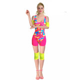 80s Work Out Doll Adult Costume, colourful leotard, pink shorts, fluro armbands and knee pads.