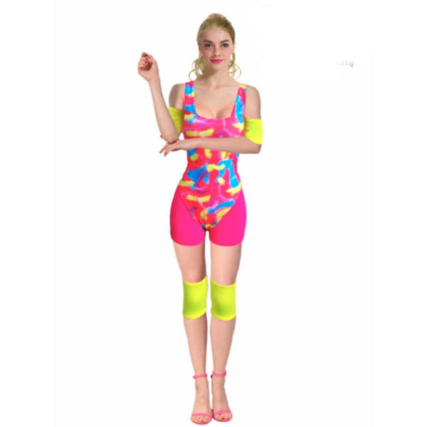 80s Work Out Doll Adult Costume, colourful leotard, pink shorts, fluro armbands and knee pads.