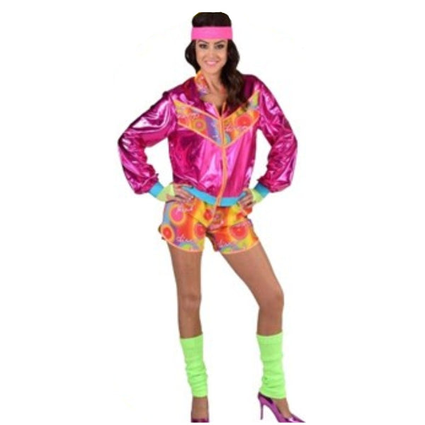 80s Woman Tracky Costume, pink satin jacket with fluro print insert and matching shorts. kat and kel vibe.