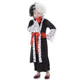 Madam evil costume for child, black robe with spot trim, red gloves and black and white wig.