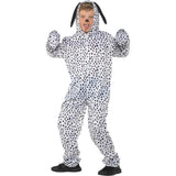 Dalmatian childrens costume, jumpsuit with attached hood featuring black ears.