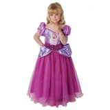 Rapunzel premium costume for child, full length gown with lavender sequin embellished bodice with, 3/4 mesh sleeves, flowers at waist and lavender peplum.