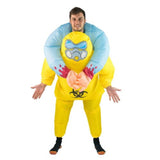 Adults inflatable biohazard costume, yellow suit with blue sleeves and fake hands.