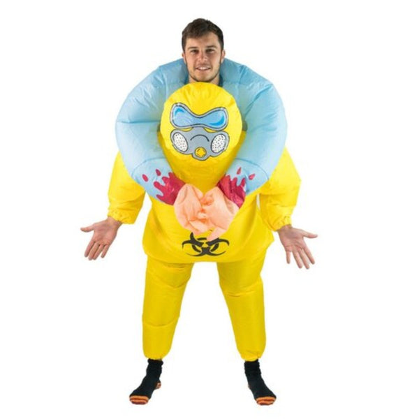 Adults inflatable biohazard costume, yellow suit with blue sleeves and fake hands.