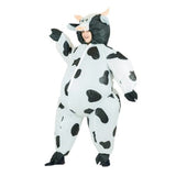 Inflatable cow adult costume, zips up at the front has attached head and is unisex.