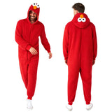 Elmo onesie, red furry jumpsuit with face on attached hood. cooking print hood lining. Size is small, so go up a size.