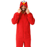 elmo onesie by Opposuits, red furry jumpsuit with printed inside hood lining and elmo face. Size runs very small, recommend going up a size.