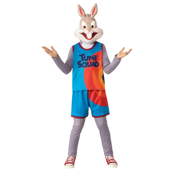 Bugs Bunny Space Jam 2 Child Costume, plastic mask, long sleeve shirt with digitally print tank top, matching short printed on leggings.