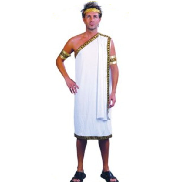 Caesar toga costume, basic white toga, braid trim and drape with headband and arm cuffs.