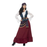 Deluxe Pirate Buccaneer Beauty Adult Costume, ankle length dress, sash with coin trim, bandana and necklace.