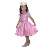 Glinda The Good Witch Child Costume, knee length pink dress, sequin bodice, glitter skiet and organza puffy sleeves and peplum, silver tiara.