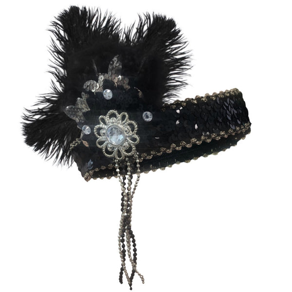 Flapper headpiece in deluxe black and silver embellished with sequins, beads and feathers.