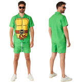 TMNT summer swim suit, green shorts sleeve shirt and board shorts.