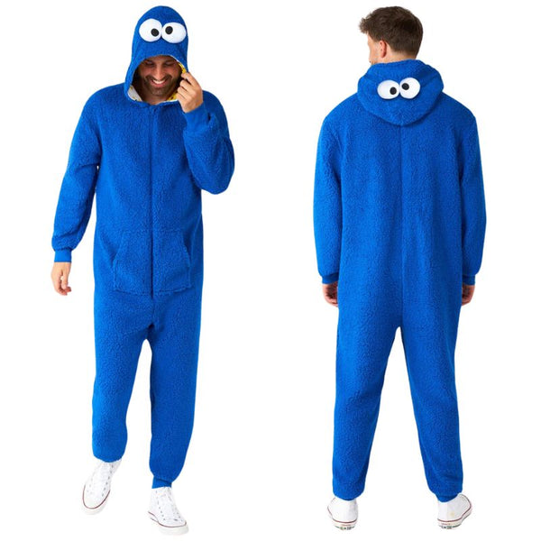 Cookie Monster Onesie, furry jumpsuit with attached hood and pockets. hood has printed inside lining and eyes on hood.