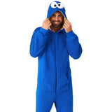 Cookie monster onesie, very furry fabric, attached hood printed hood lining with eyes on hood plus pockets.