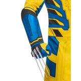 Wolverine adult costume, includes moulded plastic claws with velcr tabs to attached to soft gauntlets.
