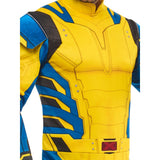 Wolverine adult jumpsuit with digitally printed fibre filled muscle chest, printed belt and cap sleeves.
