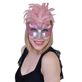 Gabrielle pink eye mask, silver/pink base with glitter detail and pink feathers.