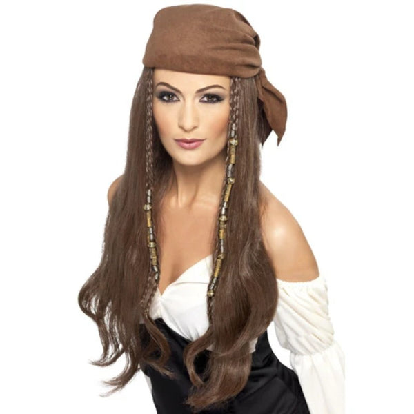 Pirate wig in brown, ladies with braids beads and charms at the sides and attached bandana.