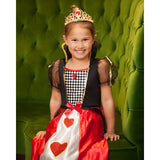 Queen of Hearts Costume - Child, black and red dress featuring red glitter hearts on skirt and tiara.